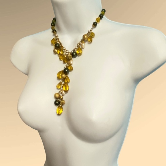 Gold Tone Green & Gold Filagree Beads Drop Statement Necklace - Picture 8 of 8